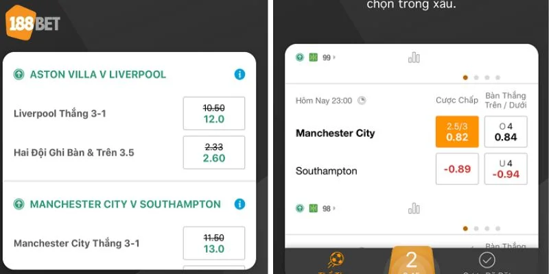 Tính năng cược trong 1 trang chưa từng xuất hiện tại app 188BET.