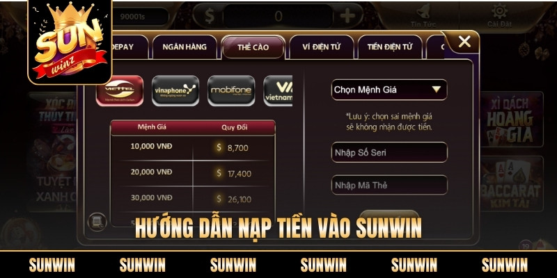 Hướng dẫn nạp tiền vào Sunwin